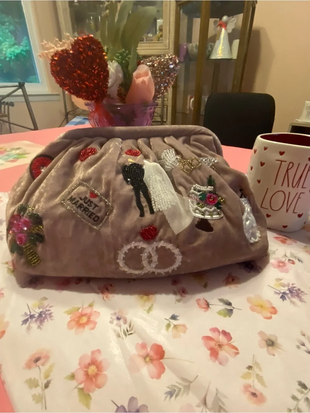 Hand Crafted Pink Velvet Embroidered Bridal Clutch